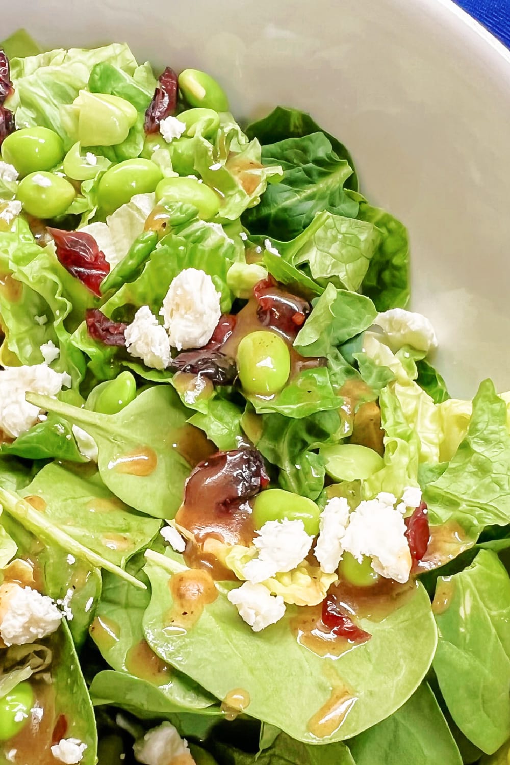 Baby Kale Salad topped with goat cheese, cranberries, and edamame.