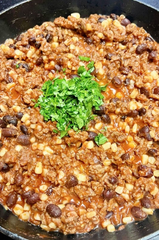 Freshly chopped cilantro on top of the sloppy joe mixture. 