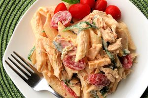 Wouldn't you agree that every summer gathering needs a good pasta salad on the menu?  Chipotle Pasta Salad with Shredded Chicken and Smoked Gouda is an easy crowd pleaser that is sure to be the star of your next cookout! 