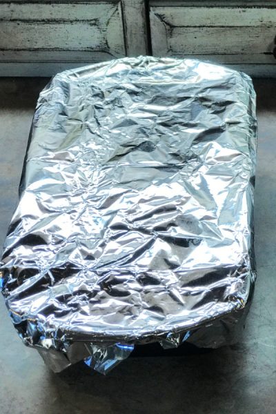 Loaf pan cover with aluminum foil.