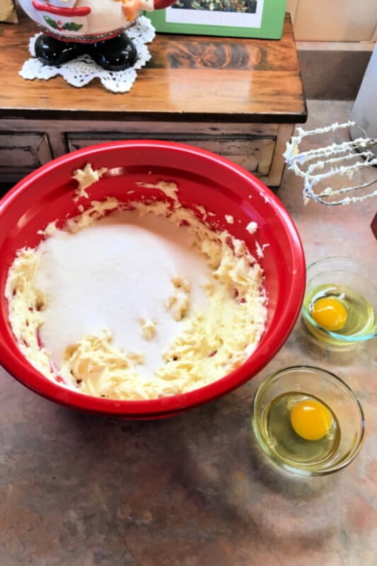 A beaten butter mixture with sugar and eggs.