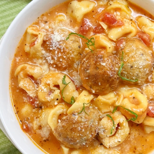 A big bowl of Meatball Soup with Cheese Tortellini.