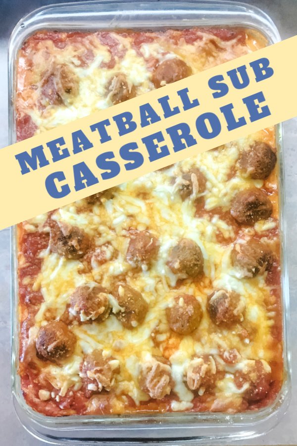 Full pan of meatball sub casserole with cheese and marinara.