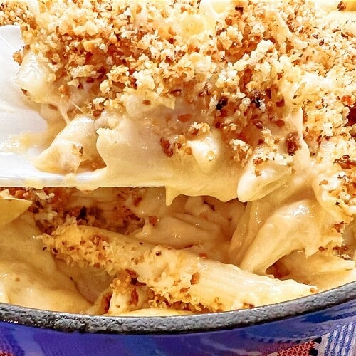 A big skillet loaded with creamy Skillet-Style Macaroni and Cheese.