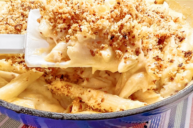 A big skillet loaded with creamy Skillet-Style Macaroni and Cheese.