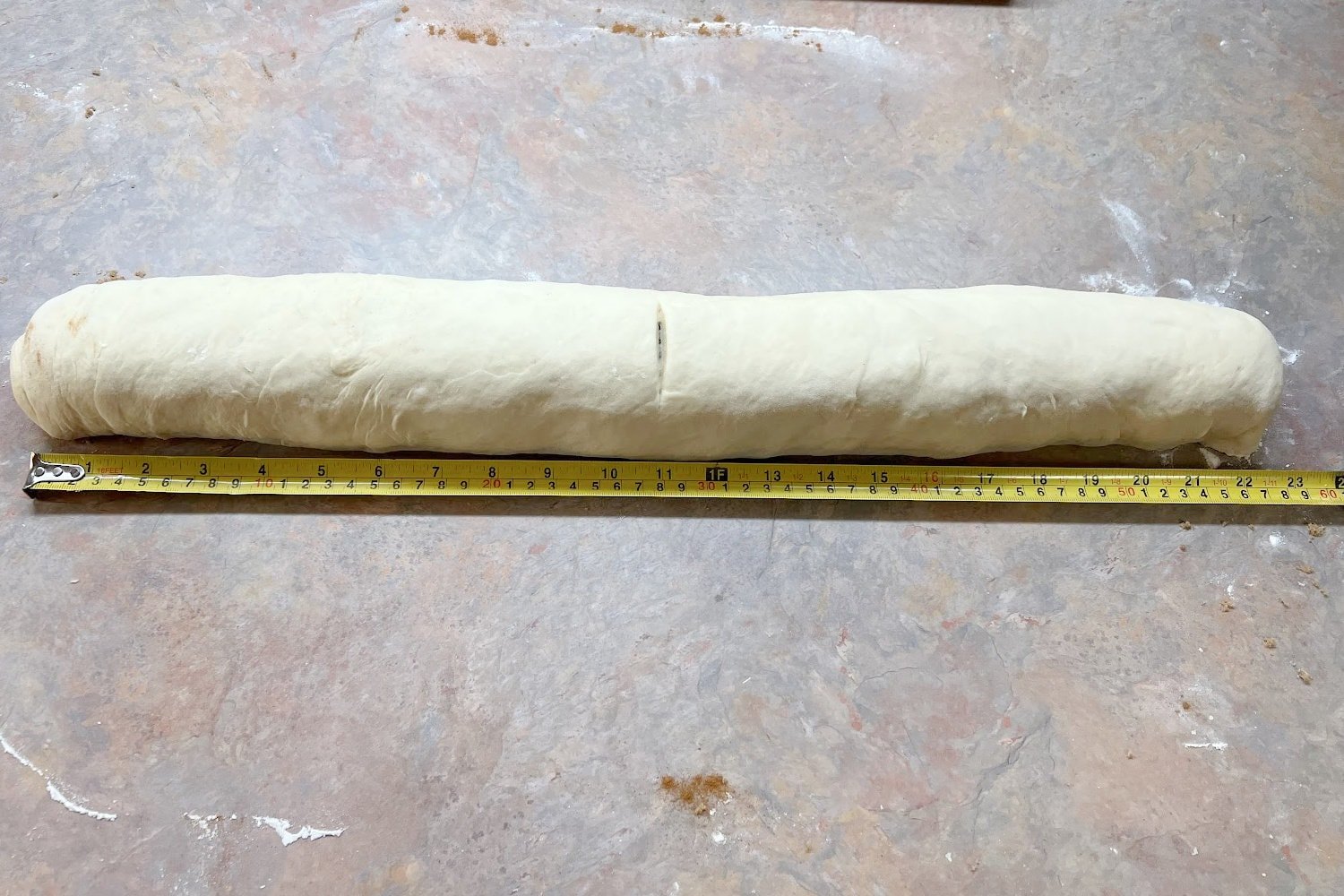 The cinnamon roll dough rolled into a long log. 