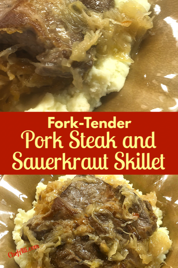 Fork-Tender Pork Steak and Sauerkraut in a skillet over mashed potatoes - so delicious.