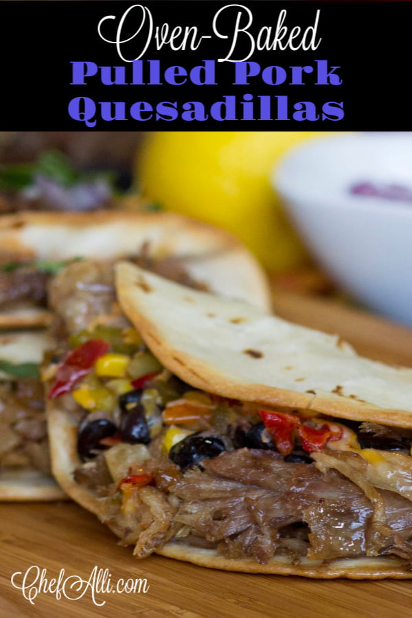 The quesadilla.  So simple and humble, the perfect vehicle for using up leftover cooked pulled pork!  And did you know you can make quesadillas in your OVEN?? Sure makes them fast and easy. Your family will fall in love with Pulled Pork Oven Quesadillas. #pulledpork #quesadillas #tortillas #cheesy #ovenbaked #sheetpanmeal