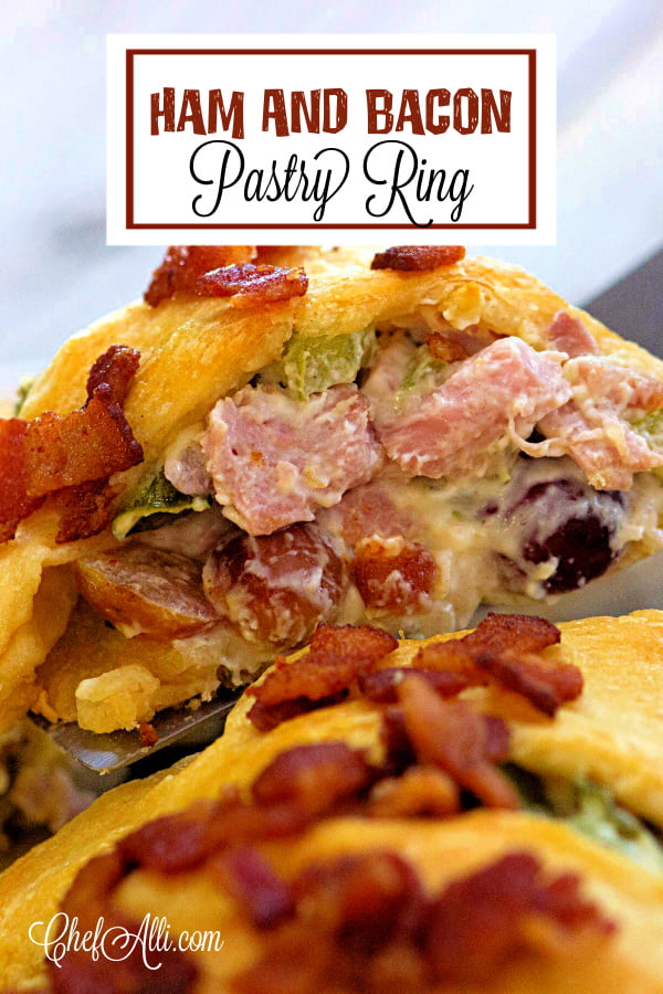 Here's a masterpiece for your next brunch: Ham and Bacon Pastry Ring.  I love this recipe because it looks fancy-schmancy when you serve it to your guests, but in reality it's pretty dang easy to whip up, and it's loaded with ham and  bacon....perfection! #ham #bacon #brunch #pastry #crescentrolls