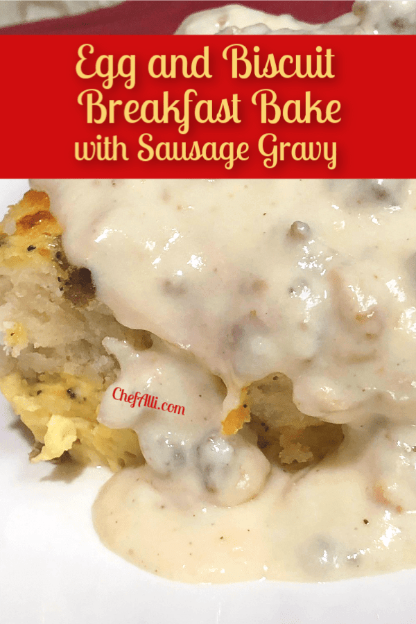 A piece of breakfast casserole smothered in sausage gravy. 