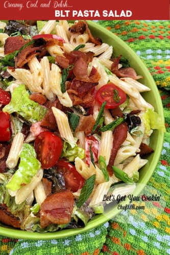 creamy cool and elish blt pasta salad in a bowl. 