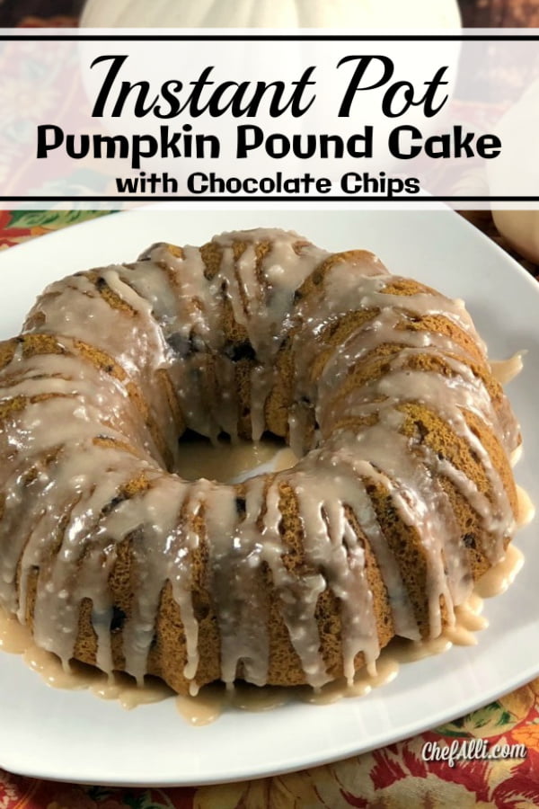 Glazed pumpkin and chocolate chip pound cake on a white platter.