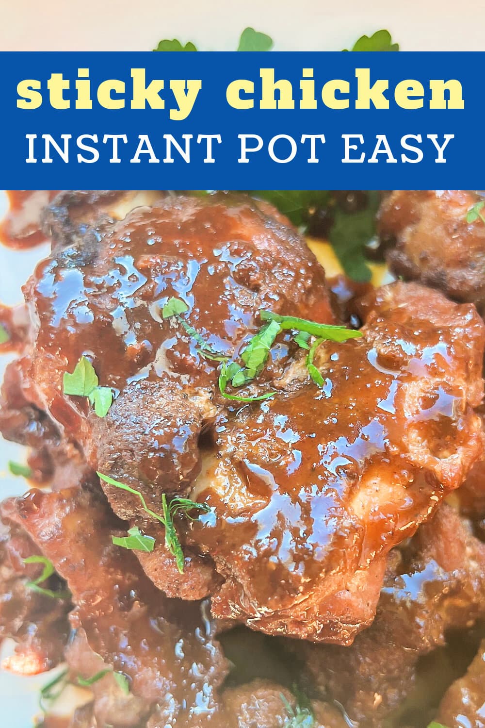 A platter loaded with Sticky Chicken Thighs fresh from the Instant Pot. 