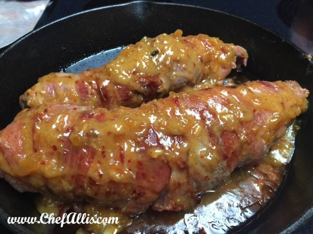 Bacon Wrapped Pork Tenderloin with Peach Glaze