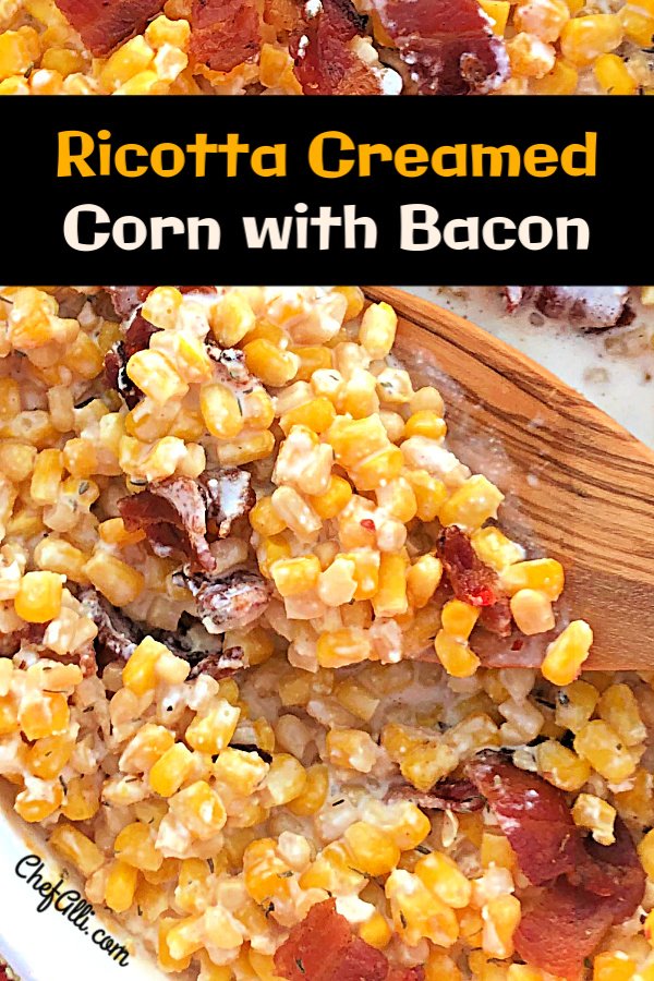 A baked corn casserole topped with crisp bacon, made in a baking dish or a cast iron skillet.