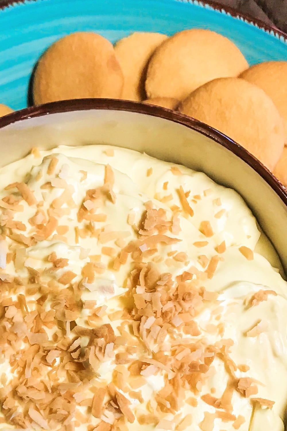 A serving bowl of coconut cream pie dip with cookies for dipping.