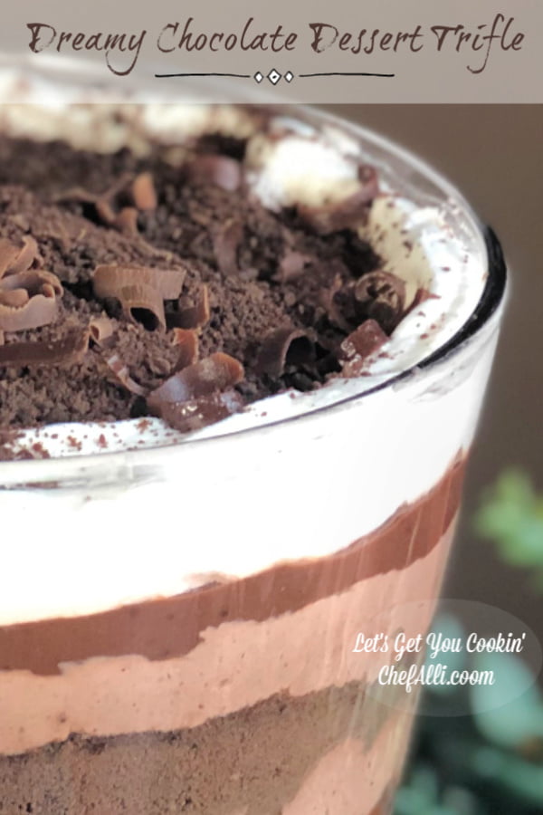 This Dreamy Chocolate Dessert Trifle is layer upon layer of  rich and creamy goodness, divided by cookie crumbs....what's not to like?? And, it's a dessert that makes a statement because it's so gorgeous.