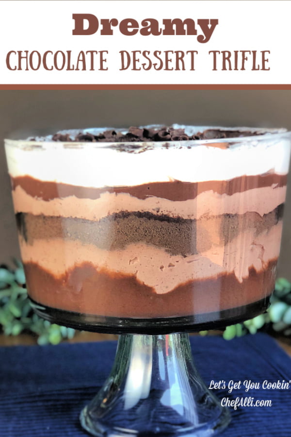 This Dreamy Chocolate Dessert Trifle is layer upon layer of  rich and creamy goodness, divided by cookie crumbs....what's not to like?? And, it's a dessert that makes a statement because it's so gorgeous.