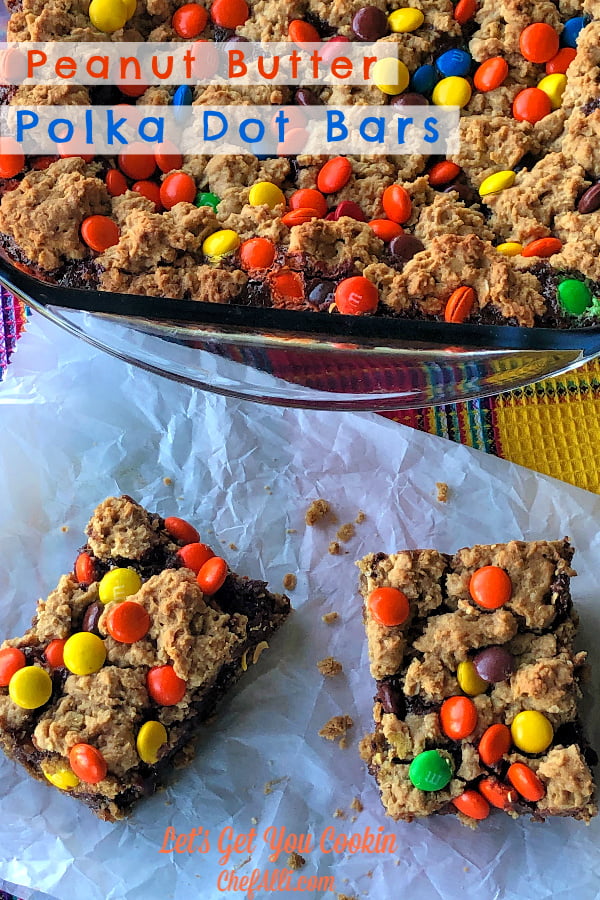 I love a good bar cookie recipe - they save so much time! Peanut Butter Polka Dot Bars bring together creamy peanut butter, dark brown sugar, and oats to make a rich base, topped with a layer of chocolate and sprinkled with Reese's Pieces.