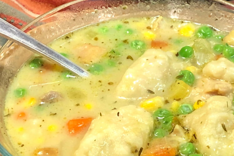 Up-close view of a bowl of chicken and dumplings with vegetables.