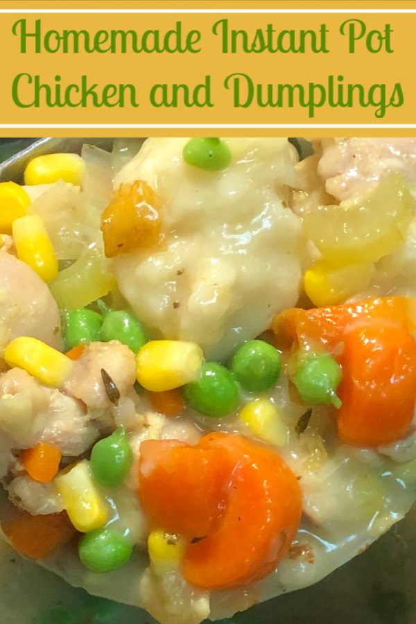 Close up shot of a ladle full of homemade chicken and dumplings with vegetables.