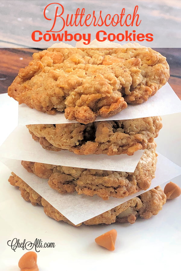 Here's your new favorite sweet and salty oatmeal cookie:  Butterscotch Cowboy Cookies. My family constantly begs for these cookies, and we adore every bite! These nuggets of caramel and butterscotch flavors can be soft and chewy or buttery and crisp, depending on how you bake them. Either way, they are at their best when served with an ice cold glass of milk.  #OatmealCookies #Butterscotch #BakeSale