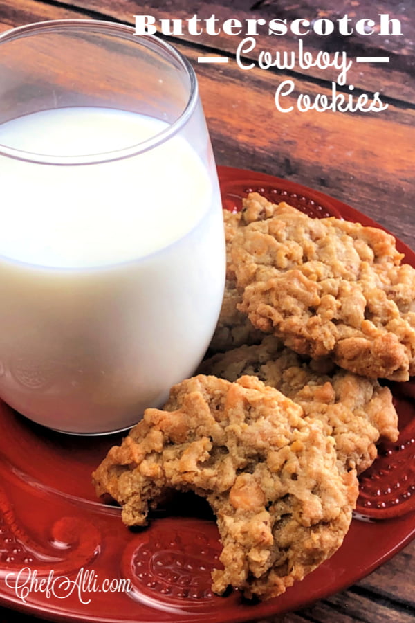 Here's your new favorite sweet and salty oatmeal cookie:  Butterscotch Cowboy Cookies. My family constantly begs for these cookies, and we adore every bite! These nuggets of caramel and butterscotch flavors can be soft and chewy or buttery and crisp, depending on how you bake them. Either way, they are at their best when served with an ice cold glass of milk.  #OatmealCookies #Butterscotch #BakeSale
