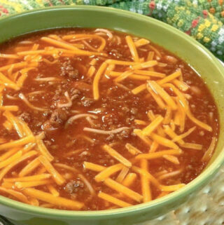 A big warm bowl of Hillbilly Chili ready to be eaten.