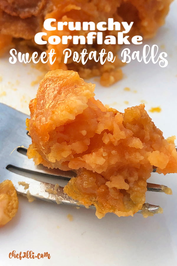 My family went totally bonkers over these Marshmallow-Surprise Baked Sweet Potato Balls with Crunchy Cornflakes for Thanksgiving Dinner! This casserole is super fun to make, not to mention easy! Now, is this casserole healthy? Nope! But calories and fat don't count when it's Thanksgiving, right??? #SweetPotatoes #Casserole #ForThanksgiving #Mashed #Easy #Candied