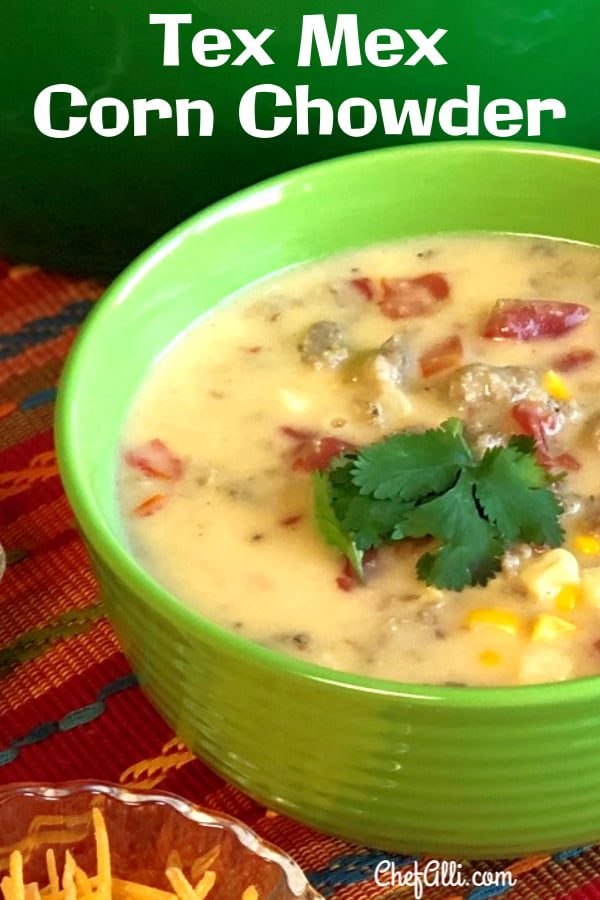 Are you yearning for a super tasty "dump and go" soup? Dig into this hearty Tex Mex Corn Chowder!  This one-pot chowder is basic enough for the kids to love, yet complex enough for the grownups to enjoy as a well.  Pair it with corn muffins and a toasty fireplace for maximum warming effect! #cornchowder #chowder #soup #texmex #comfortfood 
