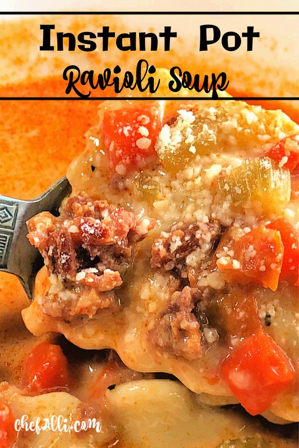 Man, I love it when a recipe happens to come together on the fly. I was needing something hearty  and fast to take over to our neighbors' house for dinner and all I really had on hand was a big bag of frozen ravioli. Instant Pot Ravioli Soup was born and you're going to love it! #ravioli #soup #hearty #instantpot