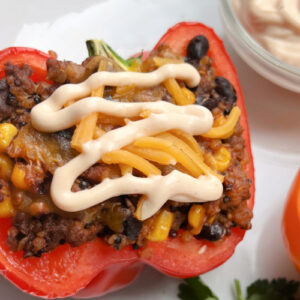 A bell pepper stuffed with enchilada beef filling.