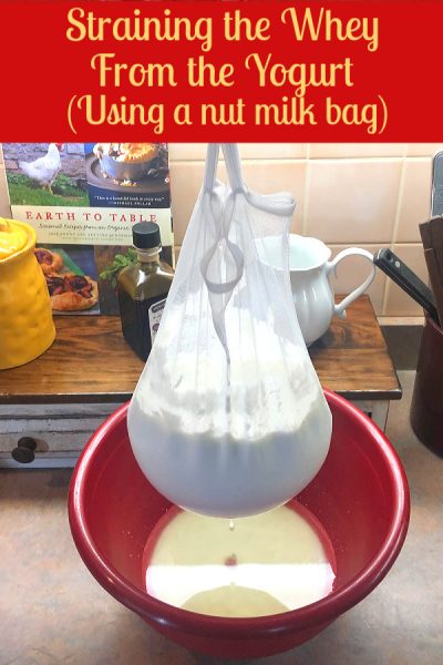 Whey straining from yogurt over a bowl. 