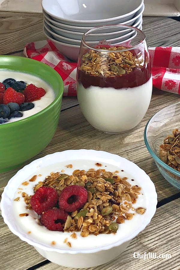 bowls of yogurt with granola