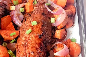 roast pork tenderloin with sweet potatoes and red onions