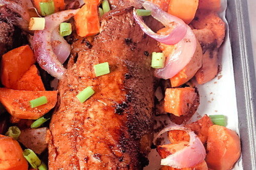 roast pork tenderloin with sweet potatoes and red onions