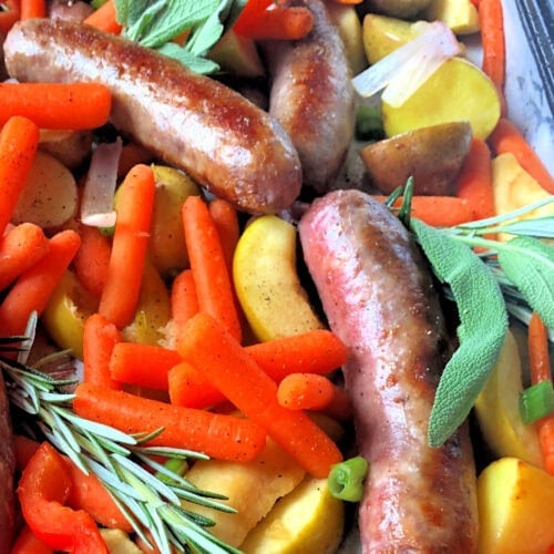 Sheet Pan Sausage and Potatoes with apples, onions, honey, sage and rosemary.