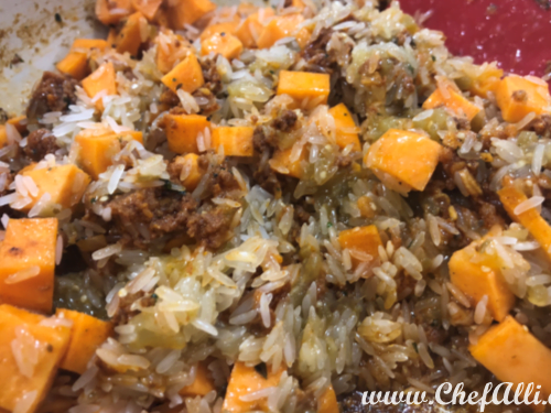 One-Skillet Mexican Chorizo, Sweet Potato, and Black Bean Rice Dinner
