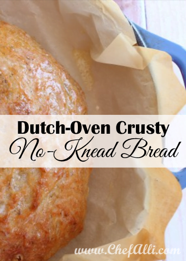 A round baked loaf of Dutch Oven No-Knead Bread. 