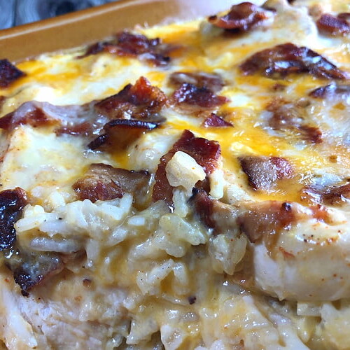 So delicious- Creamy Chicken and Rice Casserole with Bacon.