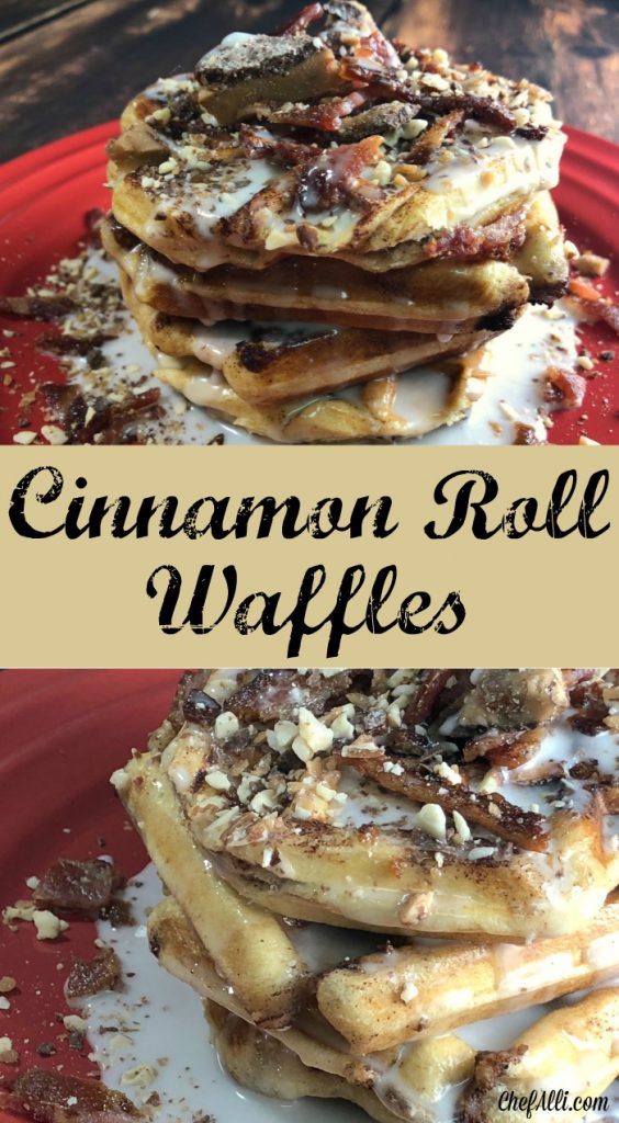 Whether you're celebrating National Waffle Day or just need something fun and decadent for a special breakfast treat, these Cinnamon Roll Waffles are your ticket! And, you don't need a super fancy waffle iron, either - I think mine came from a garage sale and it's super basic, but it works great since I don't make waffles that often. I love how easy this recipe is to throw together! Simply pop open a can of refrigerated cinnamon rolls, cut into quarters and "smush" them a bit before cooking in your waffle maker.  Lastly, top them with all kinds of wonderful, and you have the makings of a national treasure.