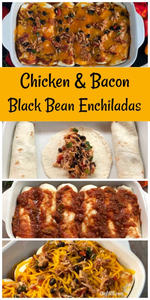 These Chicken and Bacon Black Bean Enchiladas make a fun weeknight meal and I love to double this recipe to make TWO pans - one for dinner now and one for dinner later....then I pull that sucker right out of the freezer. And, this casserole makes a pretty neat gift when somebody's grieving a loss or celebrating a birth - who doesn't love a pan of enchiladas delivered to their door when in need??   #chicken #bacon #enchiladas #casserole