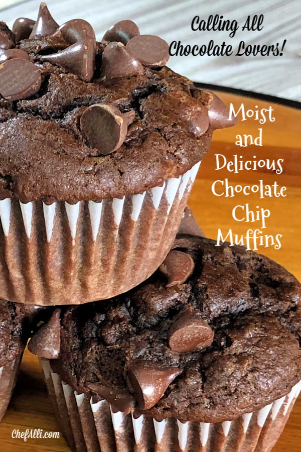 Chocolate Chocolate-Chip Muffins are moist and delicious. 