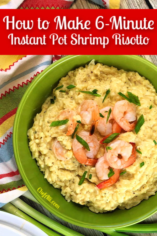 A bowl full of Instant Pot Shrimp Risotto made fast and easy in 6 minutes. 