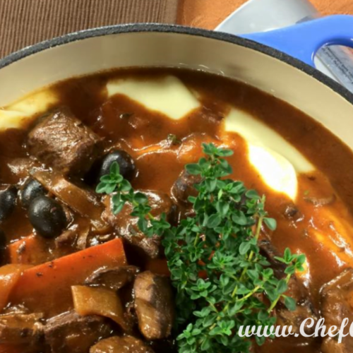 Rustic Beef Stew over Creamy Garlic Potato Puree