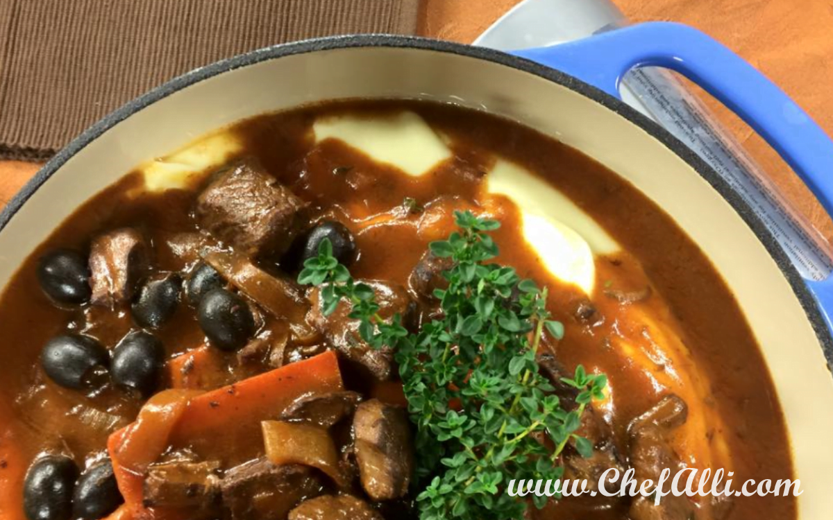 Beef stew over creamy garlic mashed potatoes chef alli