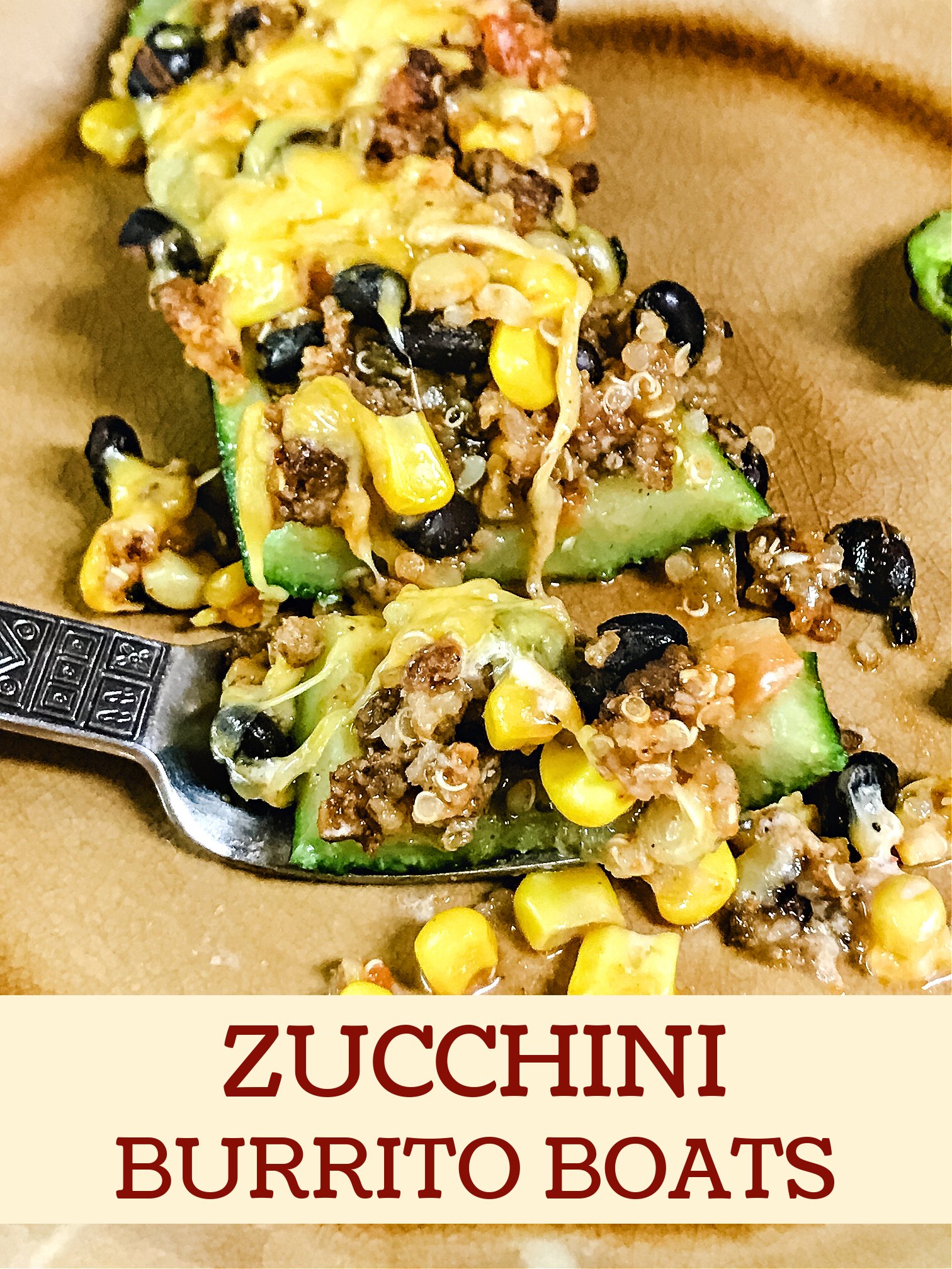 Forkful of black bean and corn filling with a zucchini.