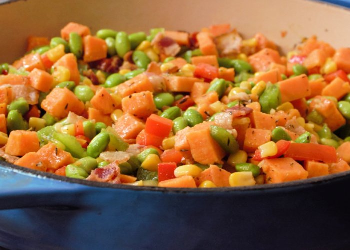 Crispy Bacon and Sweet Potato Hash with Edamame