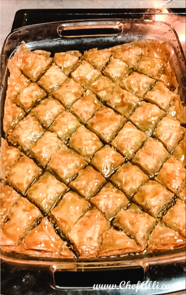 A golden brown pan of Apricot Pistachio Baklava.