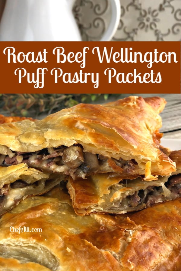 A stack of Roast Beef Wellington packets on a platter. 